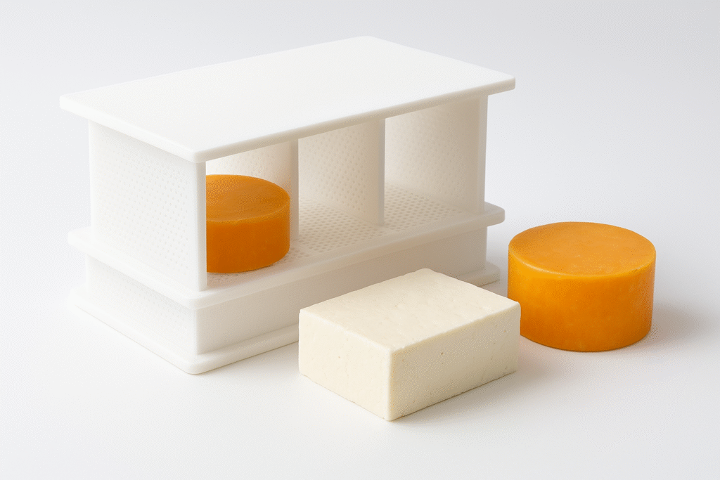 Microperforated cheese mould with a round block of orange cheddar inside, another cheddar block beside it, and a rectangular block of white paneer placed in front on a clean white surface.